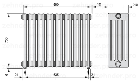 Схема (чертеж) Радиатор Zehnder Charleston 6075/15 №5310 Белый глянцевый RAL 9016